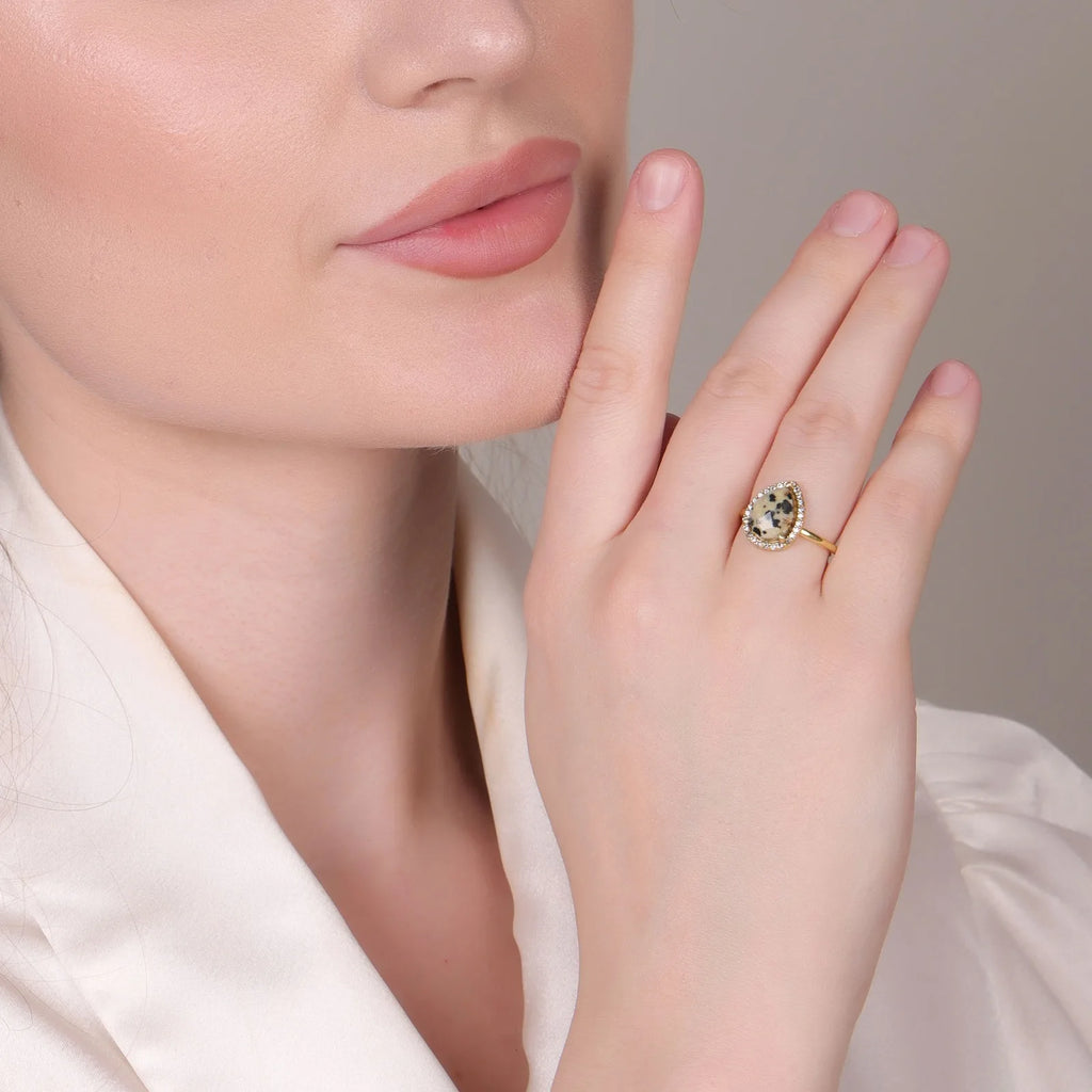 Dalmatian Jasper Gemstone Pear Bezel Set Adjustable Ring Unisex 18K Gold Plated Silver Jewelry Certified | Wedding Party |