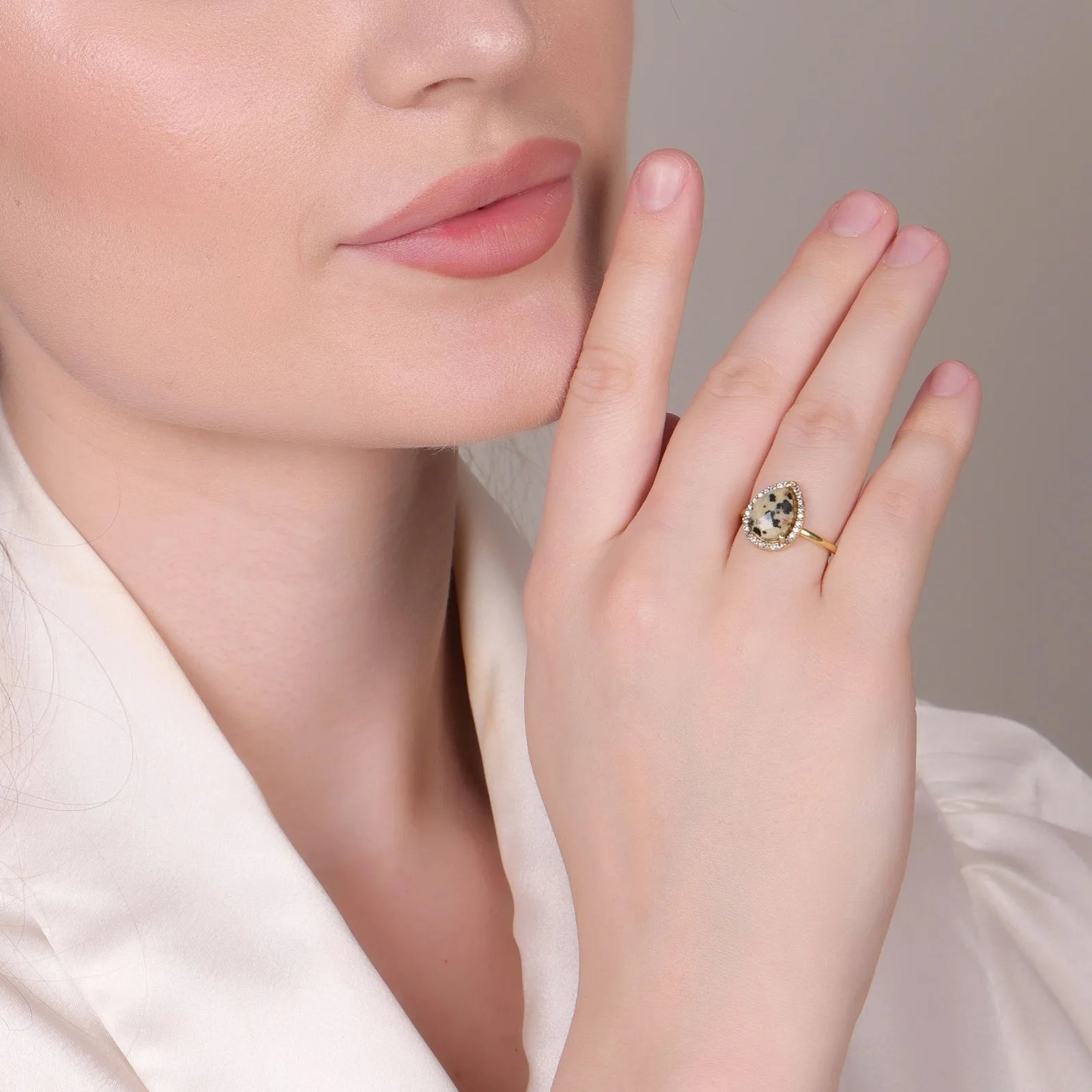 Dalmatian Jasper Gemstone Pear Bezel Set Adjustable Ring Unisex 18K Gold Plated Silver Jewelry Certified | Wedding Party |