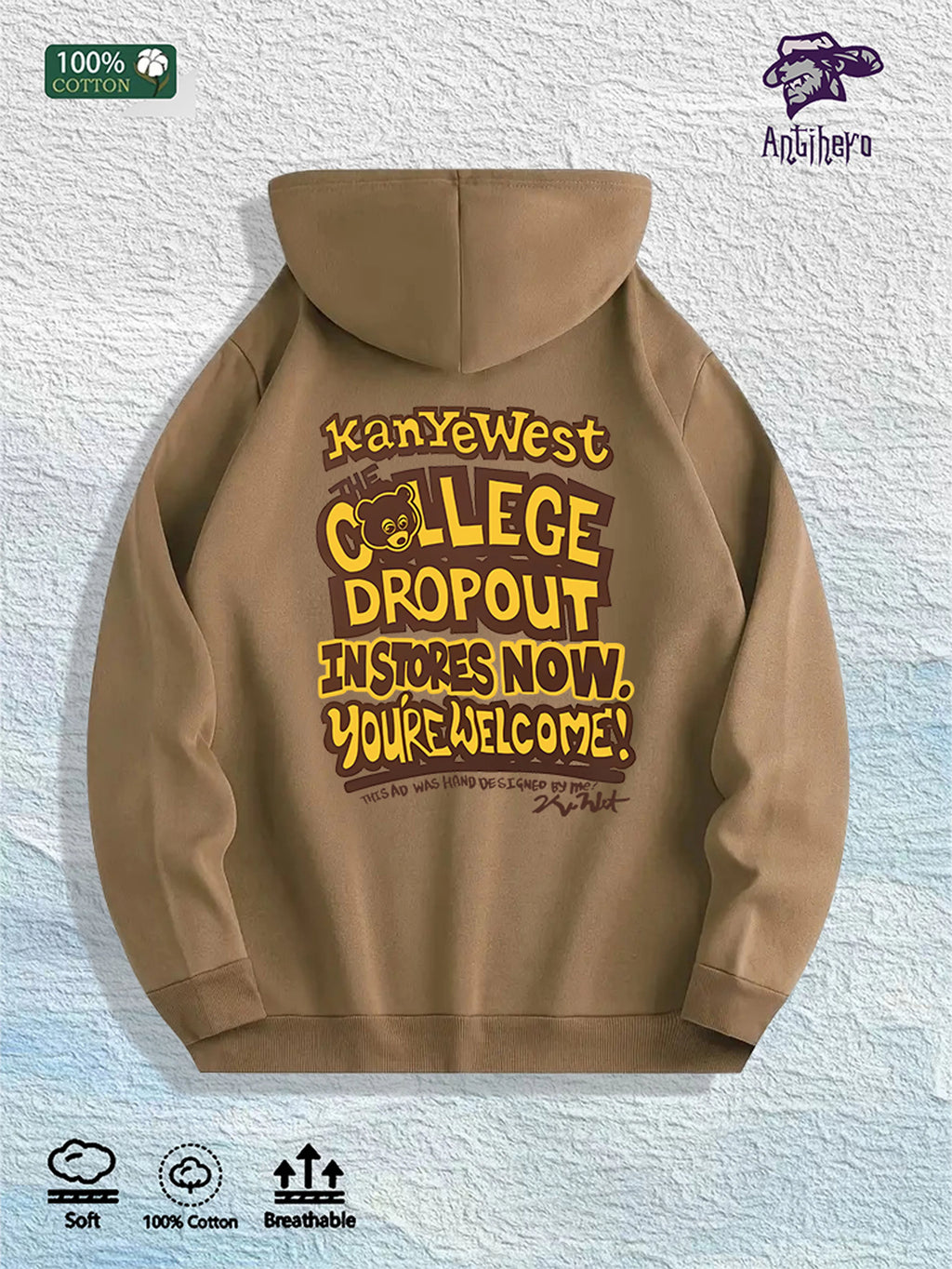Kanye West "College Dropout" Graphic Hoodie 100% Cotton US Warehouse 7 Colors