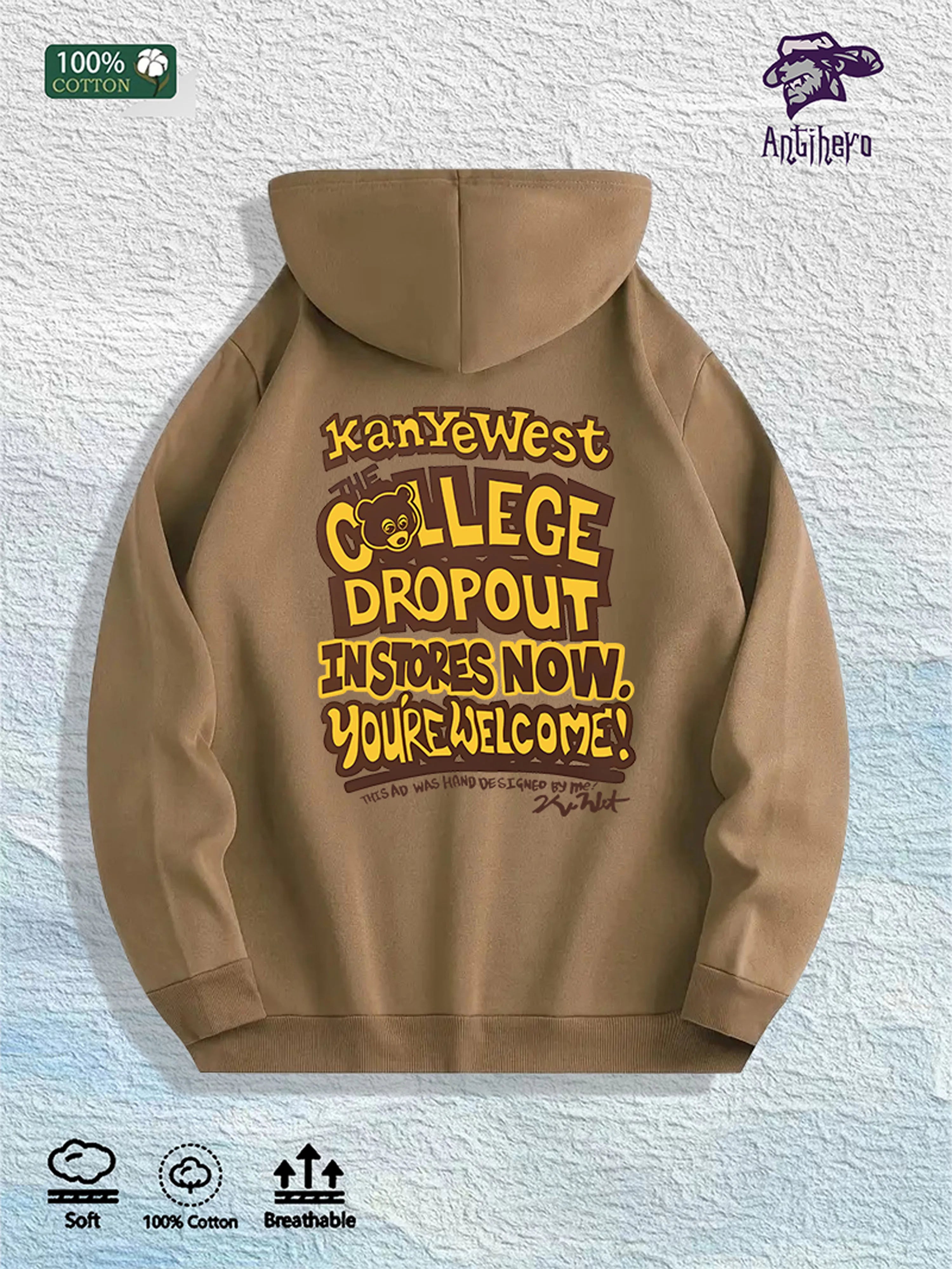Kanye West "College Dropout" Graphic Hoodie 100% Cotton US Warehouse 7 Colors