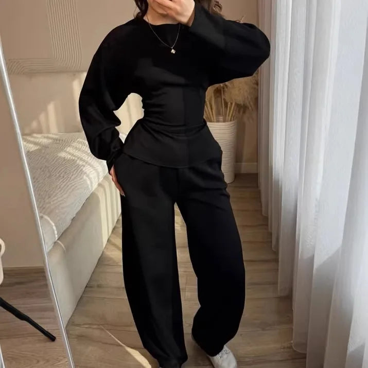 Zekye Women's Matching Sets Crew Neck Long Sleeve Simple Top Slim Trend Wide Leg Pants Set Women's Tracksuit 2026 Femme
