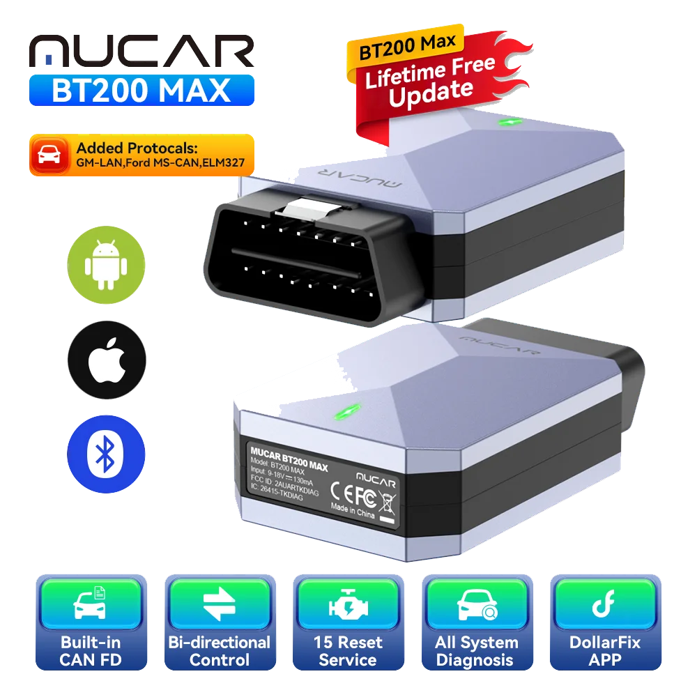 MUCAR BT200 MAX OBD2 Scanner Full System Diagnostic Tools 15 Resets Lifetime Free Update Active Test CANFD Car Scan Tools