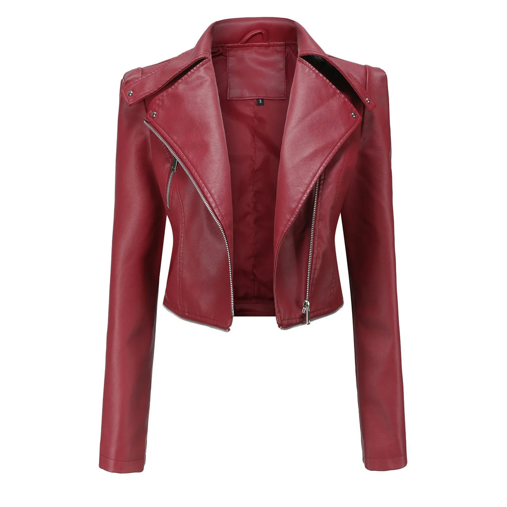 Women Faux Leather Coat Turn Down Collar Full Sleeve Jackets Zipper Casual Splice Coats Short Jacket Sexy Slim Fit Autumn