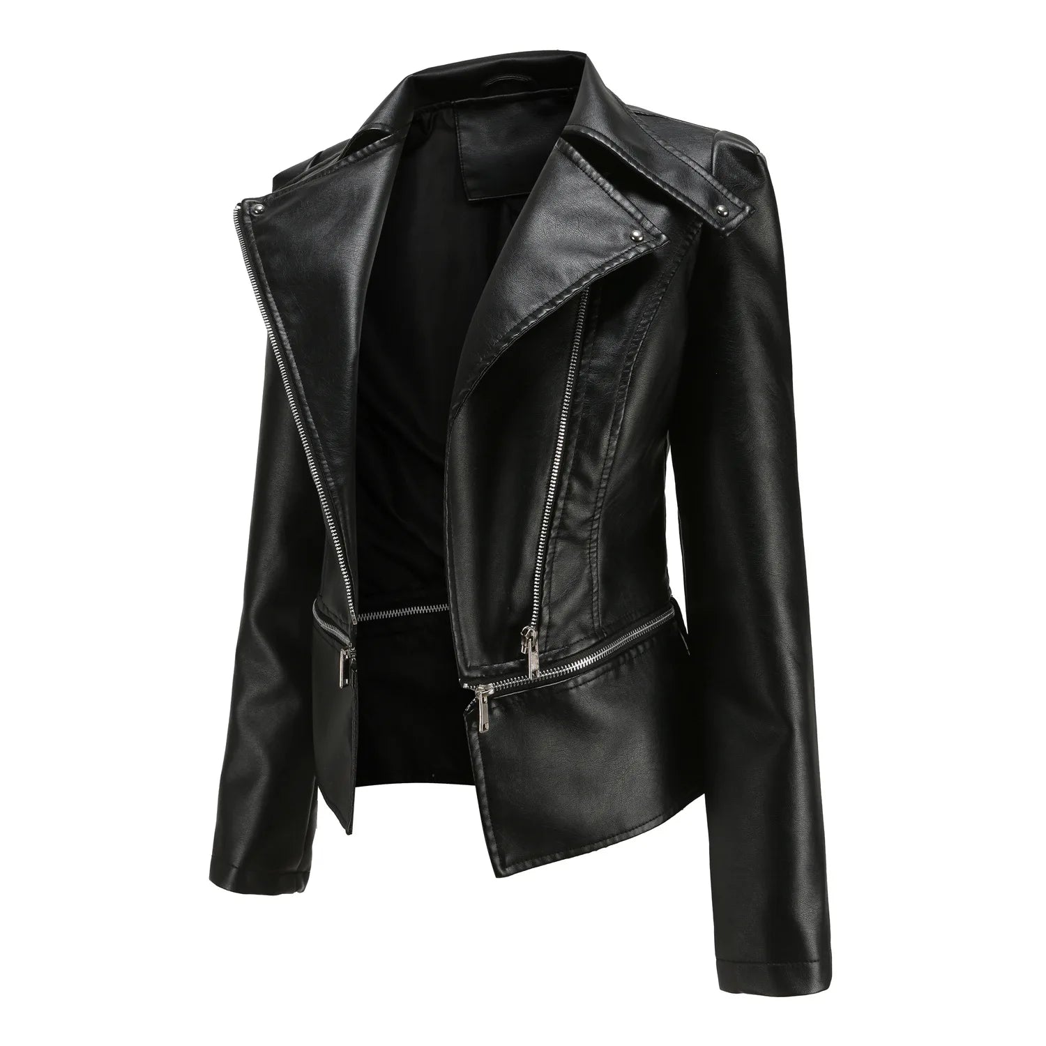 Women Faux Leather Coat Turn Down Collar Full Sleeve Jackets Zipper Casual Splice Coats Short Jacket Sexy Slim Fit Autumn