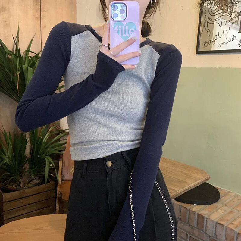 Ribbed Long Sleeve T-Shirt Women's Spring Autumn Thin Style Raglan Sleeve Slim Fit Round Neck Fashionable Underwear Top Wear