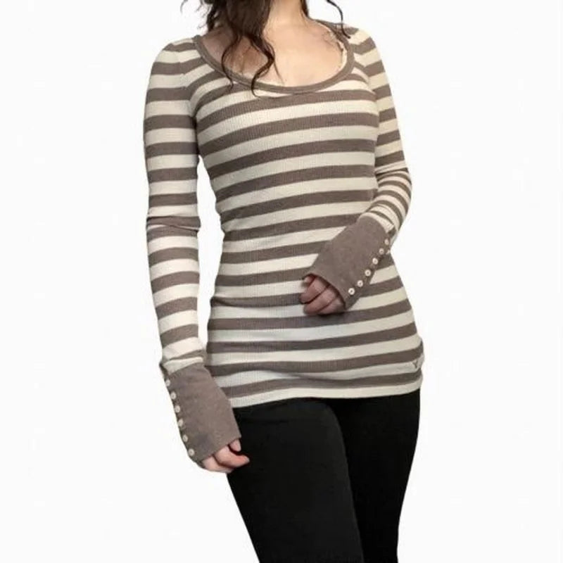 Women Y2K Harajuku Striped Tees Shirt Retro Aesthetic 90s E Girls Grunge Gothic Knitted Casual Fashion Long Sleeve Tops ﻿Street