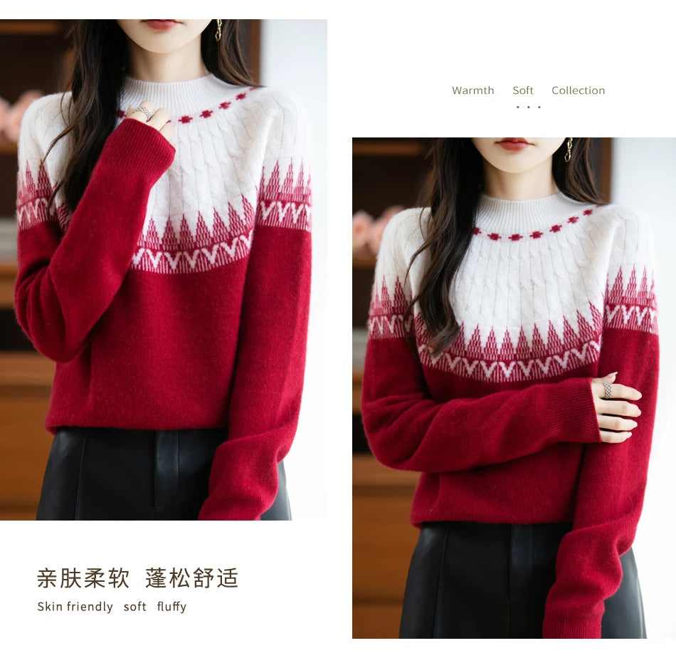 Autumn/Winter New Half High Neck Sweater 100% Wool Knitted Vintage Loose Fit Christmas Red Sweaters Chic Streetwear for Women
