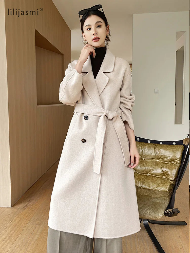 Notch Lapel Wool Coat Drop-Shoulder Women 100% Wool Loose Overcoat Double-Layers Autumn Winter Long Jacket Thick Trench Coat #24