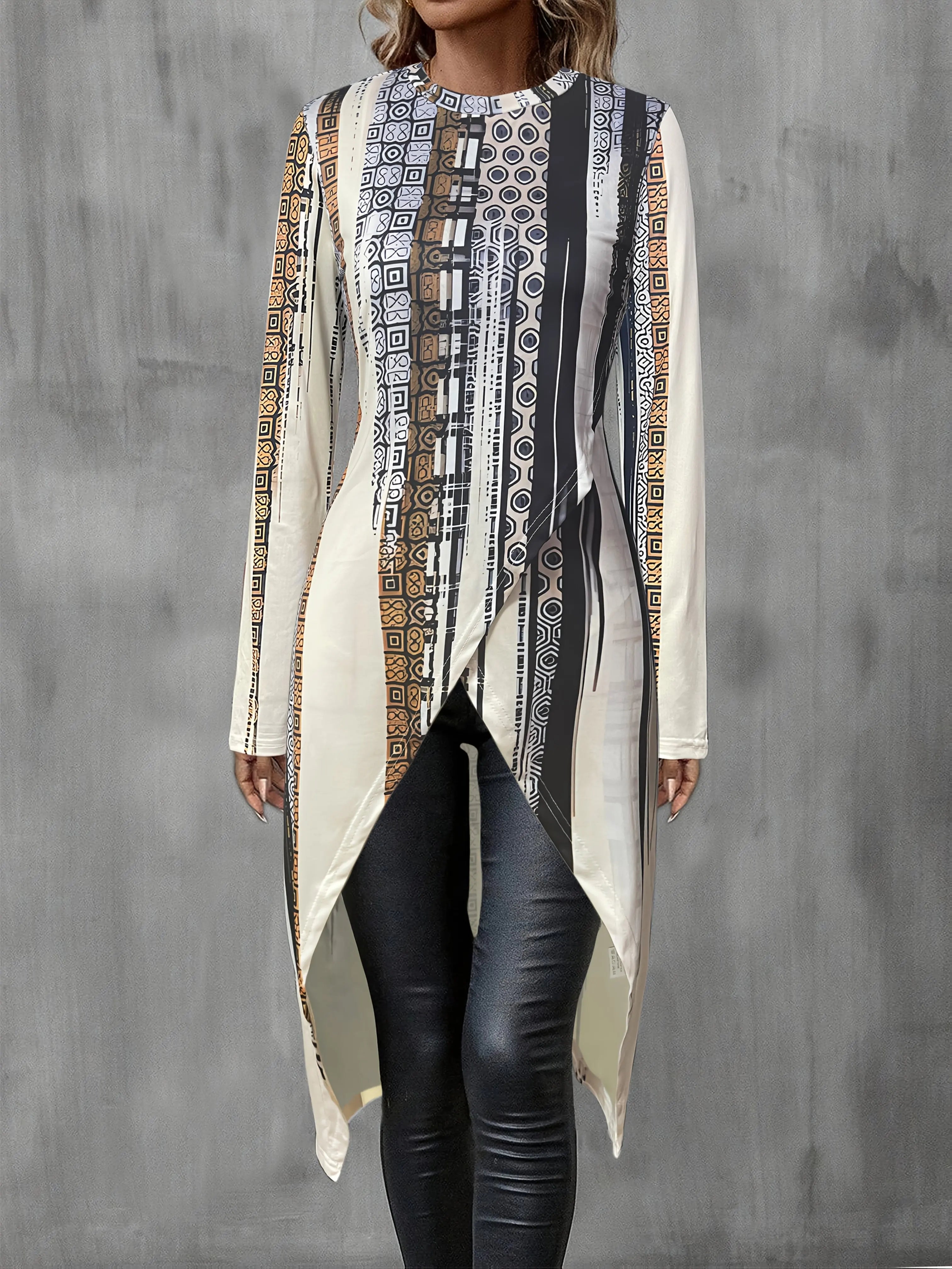 Women's Ethnic Print Long - Sleeve T - Shirt, Irregular Hem, Artistic Patterned Top, Casual Loose Fit, Unique Fashion for Daily