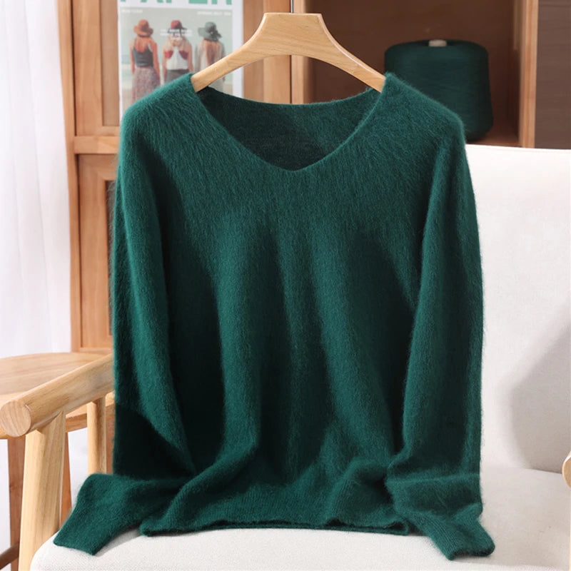 Fall/Winter New Fashion Mink Cashmere Sweater Women's Knitted V-neck Long-Sleeved Slim Bottoming Coat