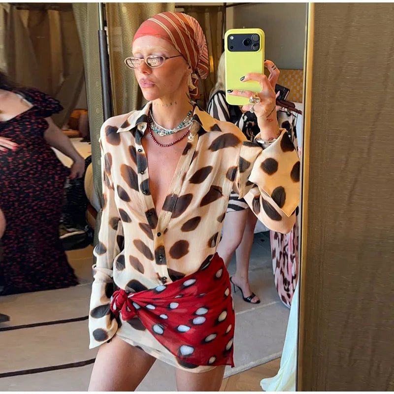 Sexy Leopard Women's Dress Full Sleeve Turn-down Collar Single Breasted Print Scarf Mini Dress 2026 Summer Chic Female Robe
