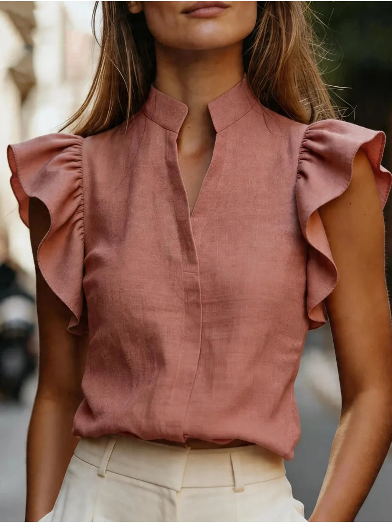 Summer Ruffles Loose Blouse Women 2026 Summer Solid Color Short Sleeve V-neck Tops Shirts Casual