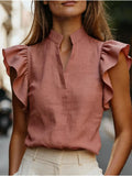 Summer Ruffles Loose Blouse Women 2026 Summer Solid Color Short Sleeve V-neck Tops Shirts Casual