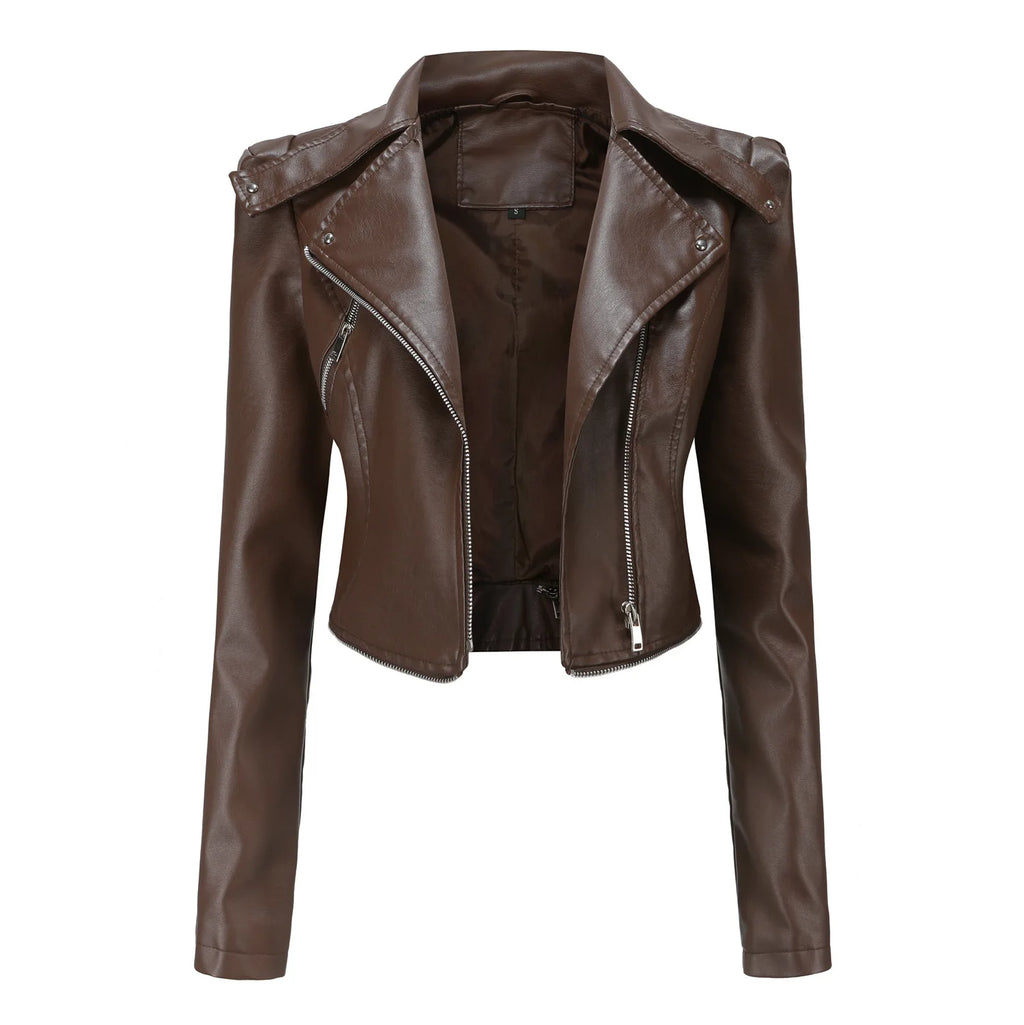 Women Faux Leather Coat Turn Down Collar Full Sleeve Jackets Zipper Casual Splice Coats Short Jacket Sexy Slim Fit Autumn