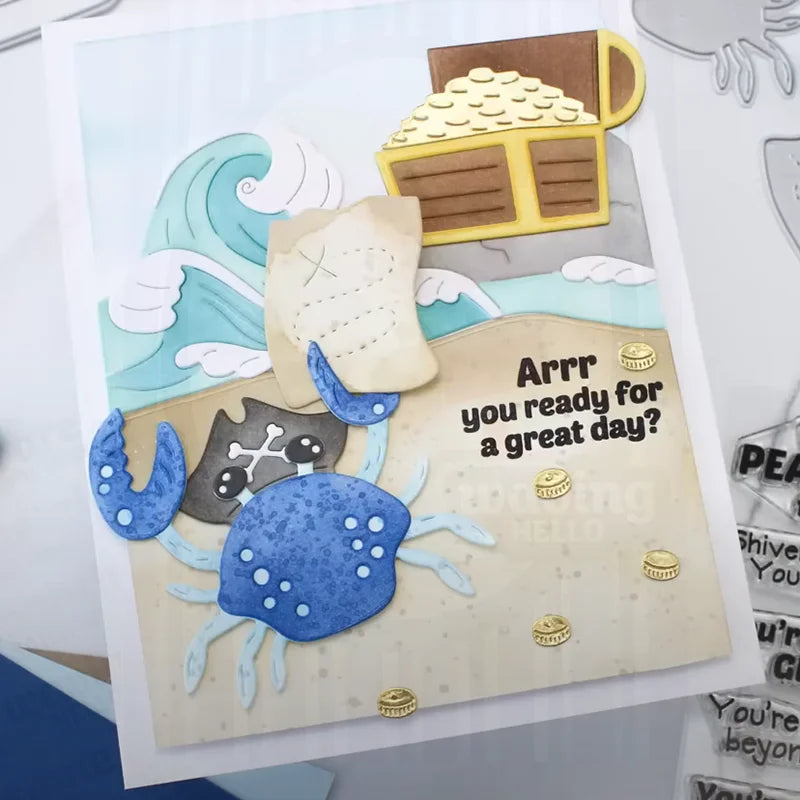 2025 June Summer Treasure Hunt Sentiments Clear Stamp Postage Collage Coastal Stencil Seashell Crab Die For DIY Greeting Card