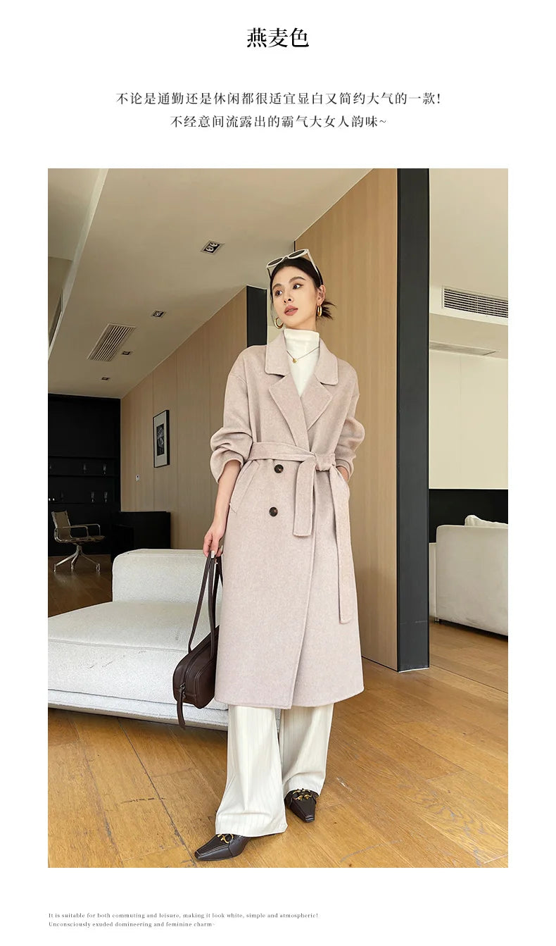 Notch Lapel Wool Coat Drop-Shoulder Women 100% Wool Loose Overcoat Double-Layers Autumn Winter Long Jacket Thick Trench Coat #24