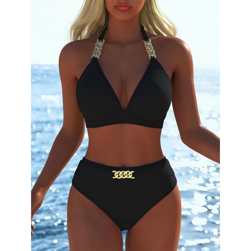 Women Black Metal Chain Halter Bikini Set 2026 New Triangle High Waist Bikini Two Piece Swimwear Summer Beach Split Bathing Suit