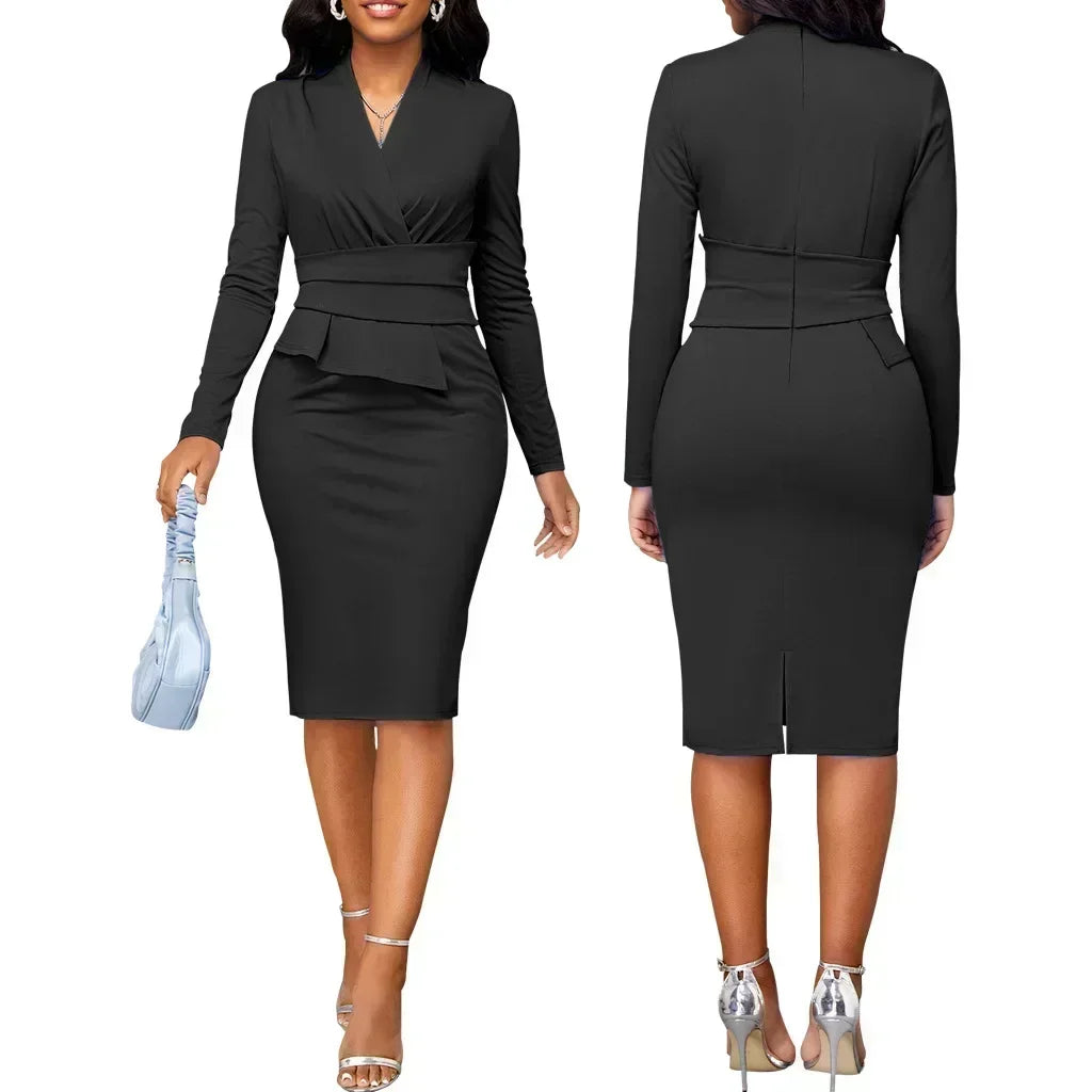 Red Dresses Casual V Neck Short Sleeve Slim Midi Dress Black High Quality Lady Bodycon Office Work Dresses Women Professional