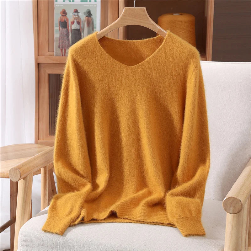 Fall/Winter New Fashion Mink Cashmere Sweater Women's Knitted V-neck Long-Sleeved Slim Bottoming Coat