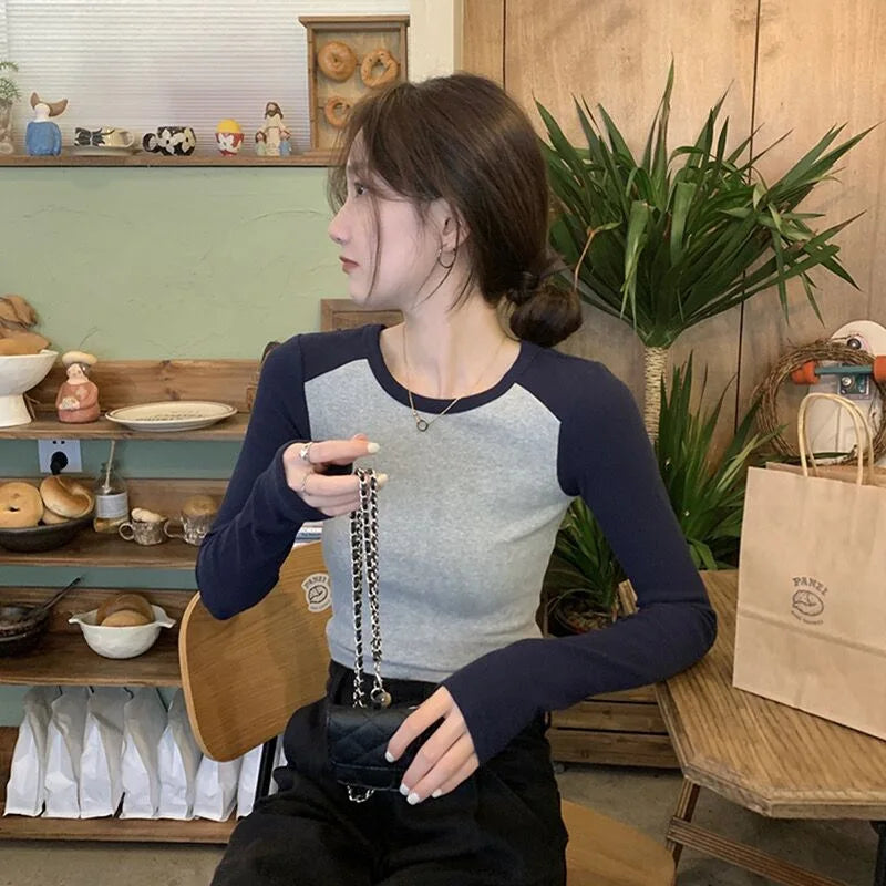 Ribbed Long Sleeve T-Shirt Women's Spring Autumn Thin Style Raglan Sleeve Slim Fit Round Neck Fashionable Underwear Top Wear