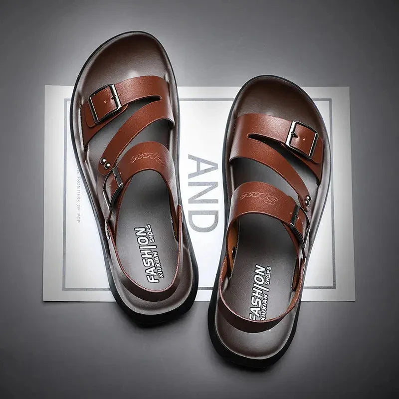 Fashion Sandals Male Solid Color PU Leather Men Shoes Summer Comfortable Open Toe Leather Mens Sandals Beach Leather Footwear