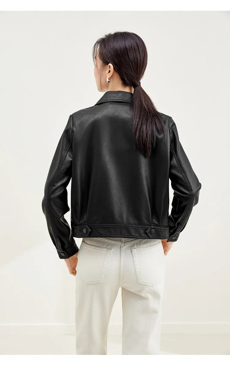 SENTUBILA Cropped Pu Leather Bomber Jacket Women 2026 Autumn Winter Vintage Lapel Zip Up Faux Leather Jacket Motorcycle Coats