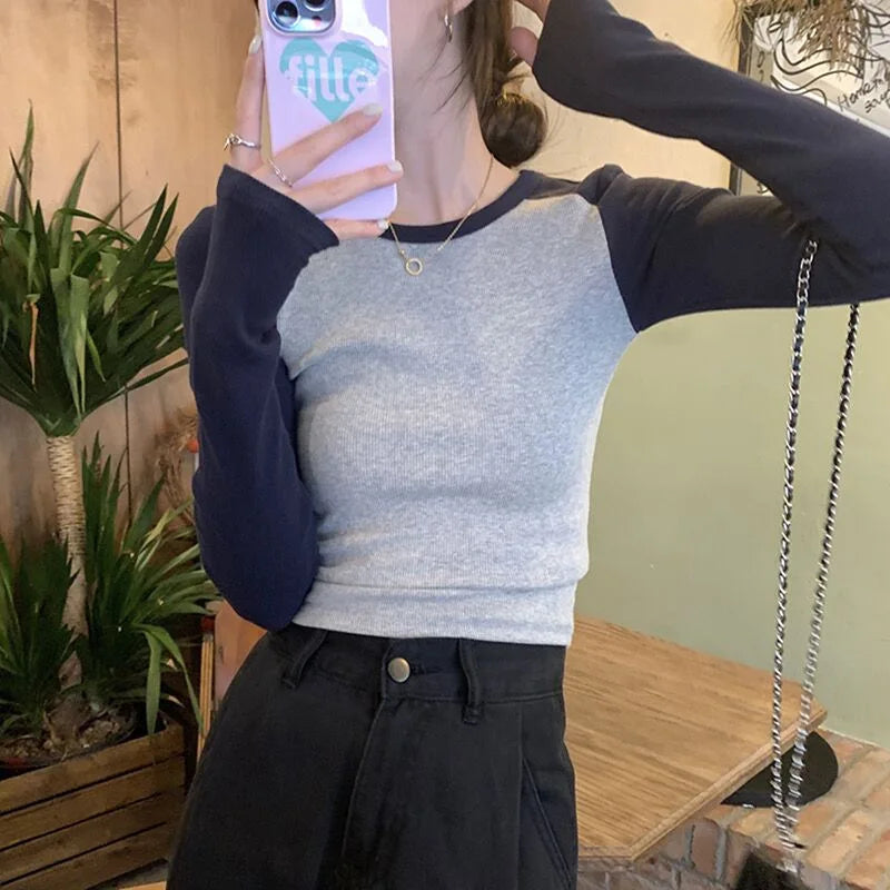 Ribbed Long Sleeve T-Shirt Women's Spring Autumn Thin Style Raglan Sleeve Slim Fit Round Neck Fashionable Underwear Top Wear