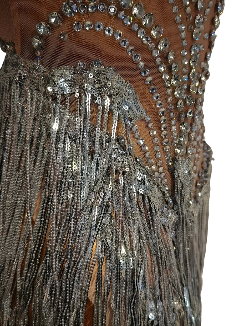 Silver Rhinestone Pearl Fringe Long Dress Birthday Celebrate Transparent Dresses Women Dancer Ballroom Dresses Competition