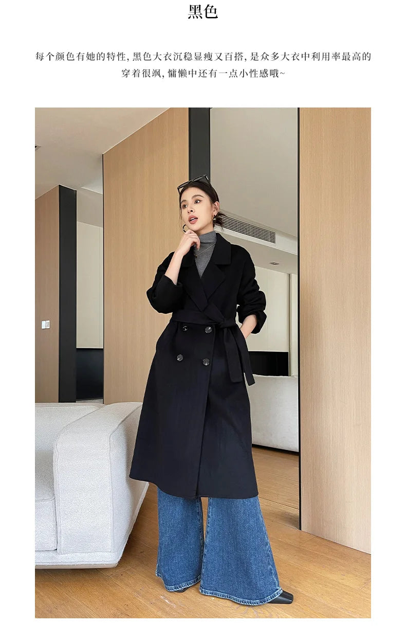 Notch Lapel Wool Coat Drop-Shoulder Women 100% Wool Loose Overcoat Double-Layers Autumn Winter Long Jacket Thick Trench Coat #24
