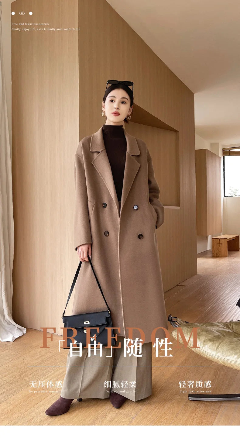 Notch Lapel Wool Coat Drop-Shoulder Women 100% Wool Loose Overcoat Double-Layers Autumn Winter Long Jacket Thick Trench Coat #24