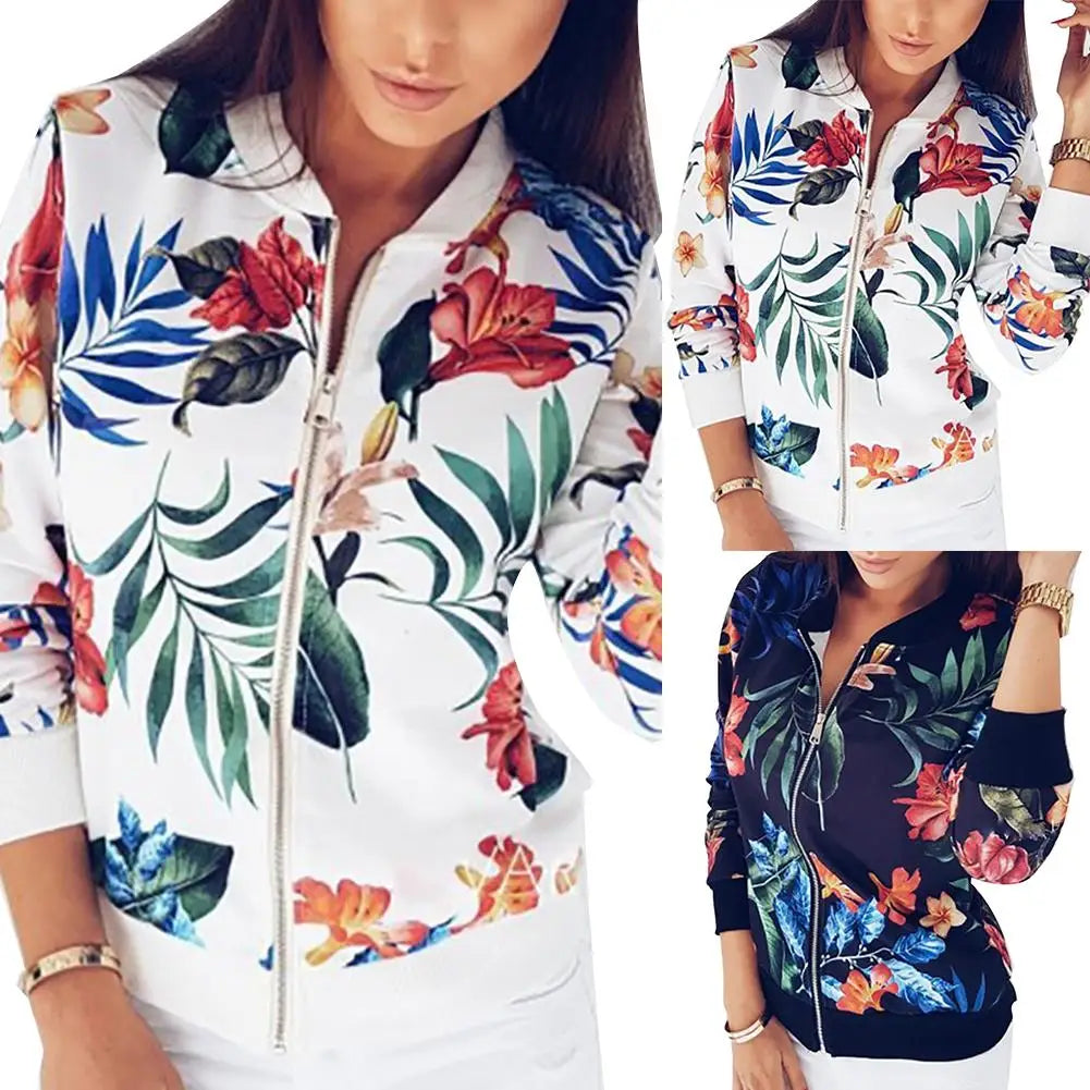 Women Jacket Elegant Flower Leaves Print Sports Women Long Sleeve Baseball Jacket Zip Coat Autumn BomberJackets Women Clothing