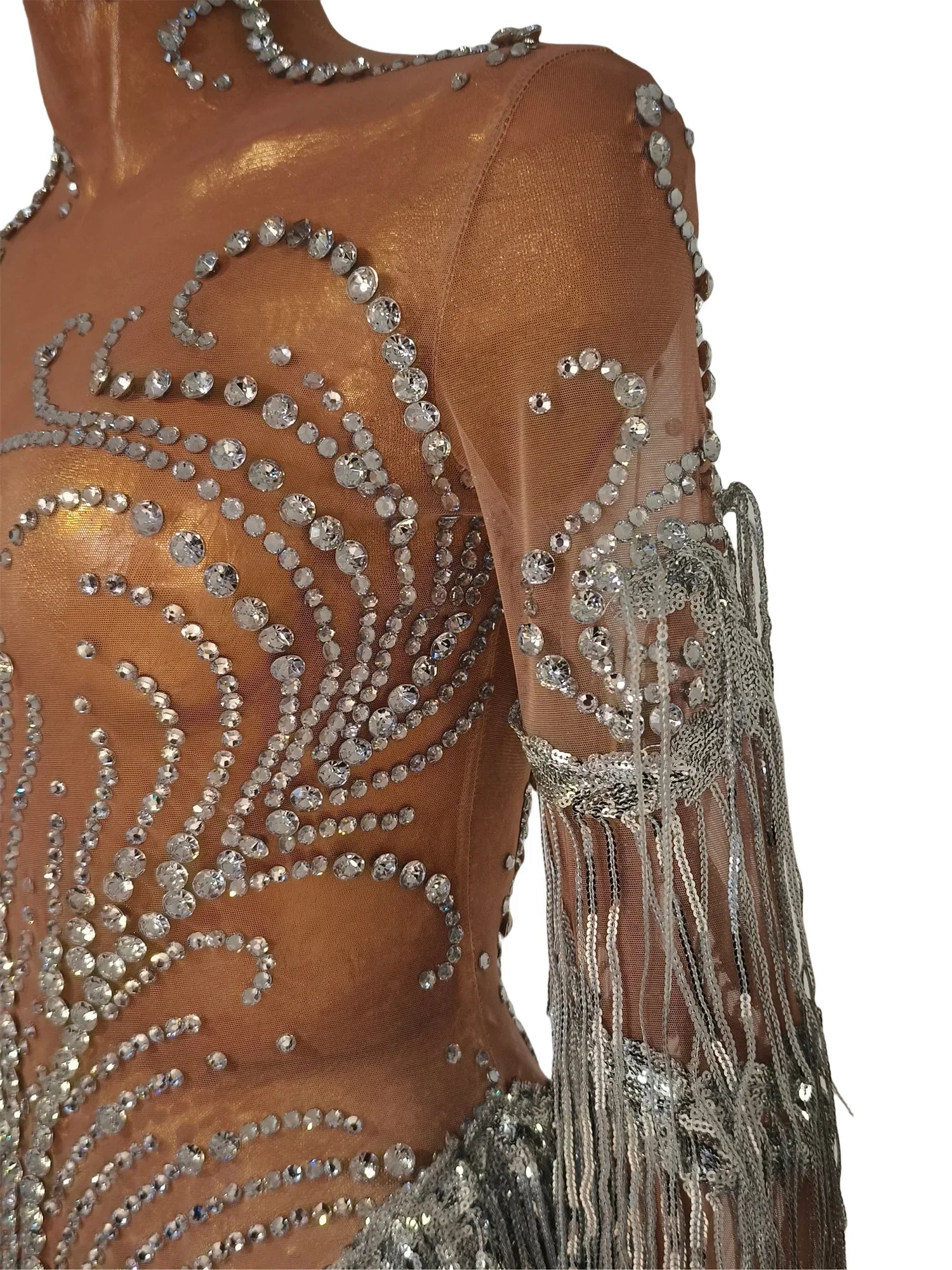 Silver Rhinestone Pearl Fringe Long Dress Birthday Celebrate Transparent Dresses Women Dancer Ballroom Dresses Competition