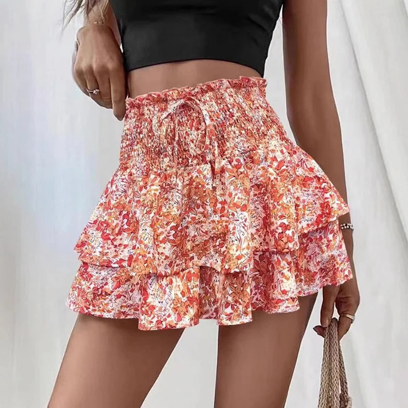 Fashion Florals Mini Skirt for Women Summer Casual Waist Shaping Ruffled Hem Short Skirt Woman Drawstring Wide Leg Half Skirts