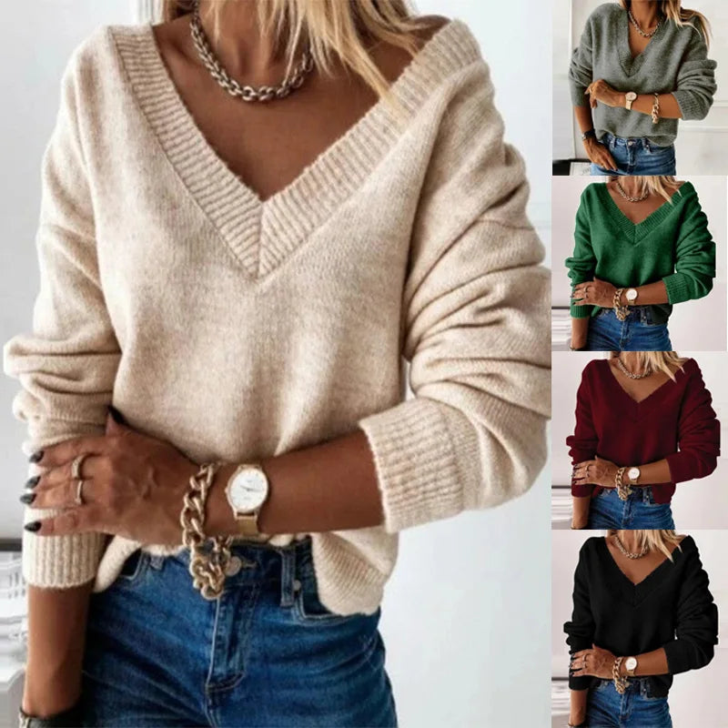 Sweater Women Pullover Knitting Top Jumper V Neck Solid Color Thick Knitwear 2025 Autumn Winter Knitted Tops Office Lady Casual