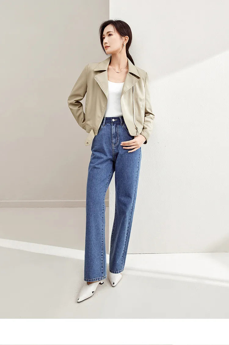 SENTUBILA Cropped Pu Leather Bomber Jacket Women 2026 Autumn Winter Vintage Lapel Zip Up Faux Leather Jacket Motorcycle Coats