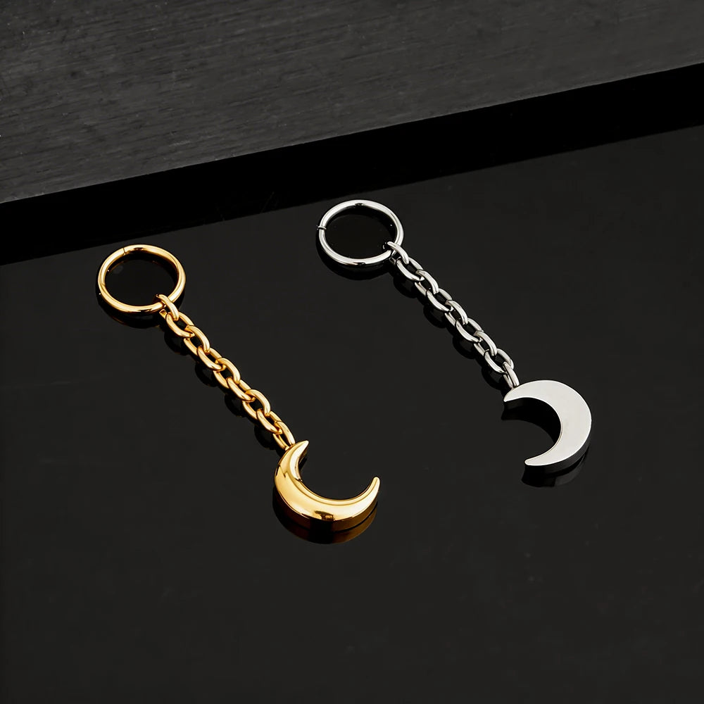 Right Grand ASTM F136 Titanium Tiny Moon Dangle Charm Earring Drop Chain Celestial Cartilage Helix Lobe Conch Clicker Connector