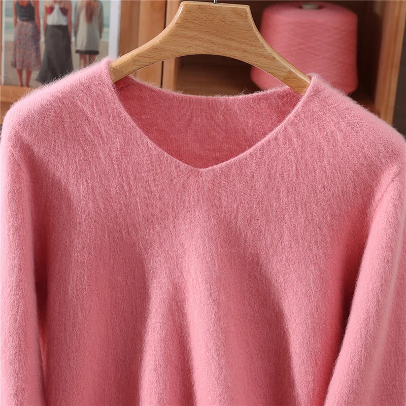 Fall/Winter New Fashion Mink Cashmere Sweater Women's Knitted V-neck Long-Sleeved Slim Bottoming Coat