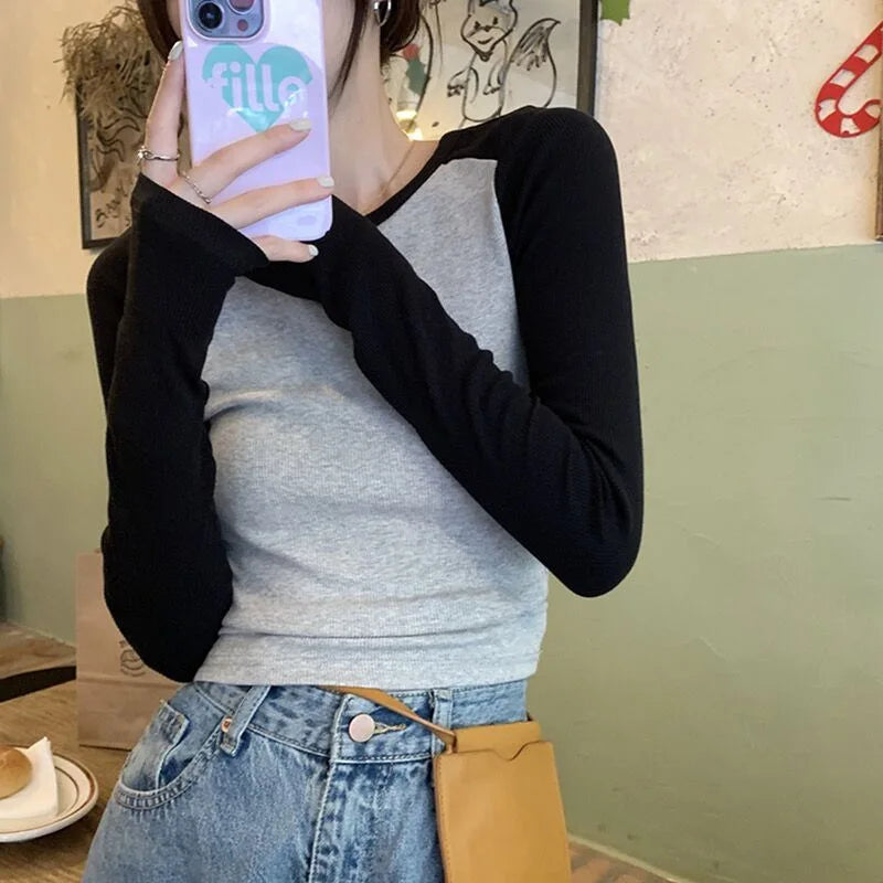 Ribbed Long Sleeve T-Shirt Women's Spring Autumn Thin Style Raglan Sleeve Slim Fit Round Neck Fashionable Underwear Top Wear