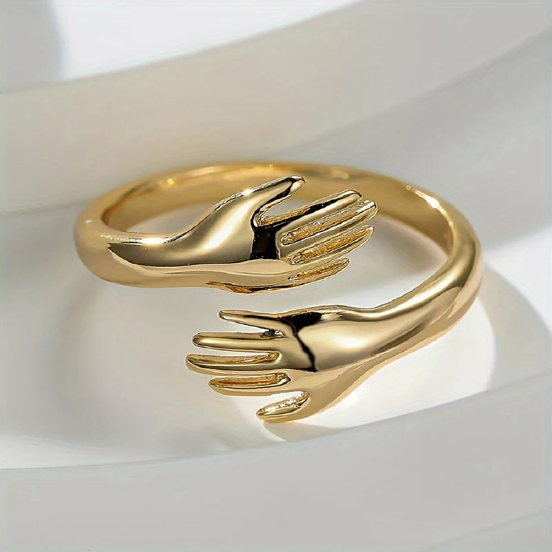 Huitan Adjustable Open Hug Rings Gold Color Hands Embrace Finger Ring Romantic Love Promise Jewelry Gift for Women Drop Shipping
