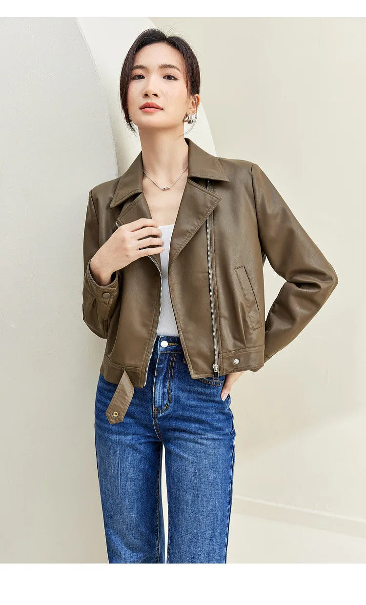SENTUBILA Cropped Pu Leather Bomber Jacket Women 2026 Autumn Winter Vintage Lapel Zip Up Faux Leather Jacket Motorcycle Coats