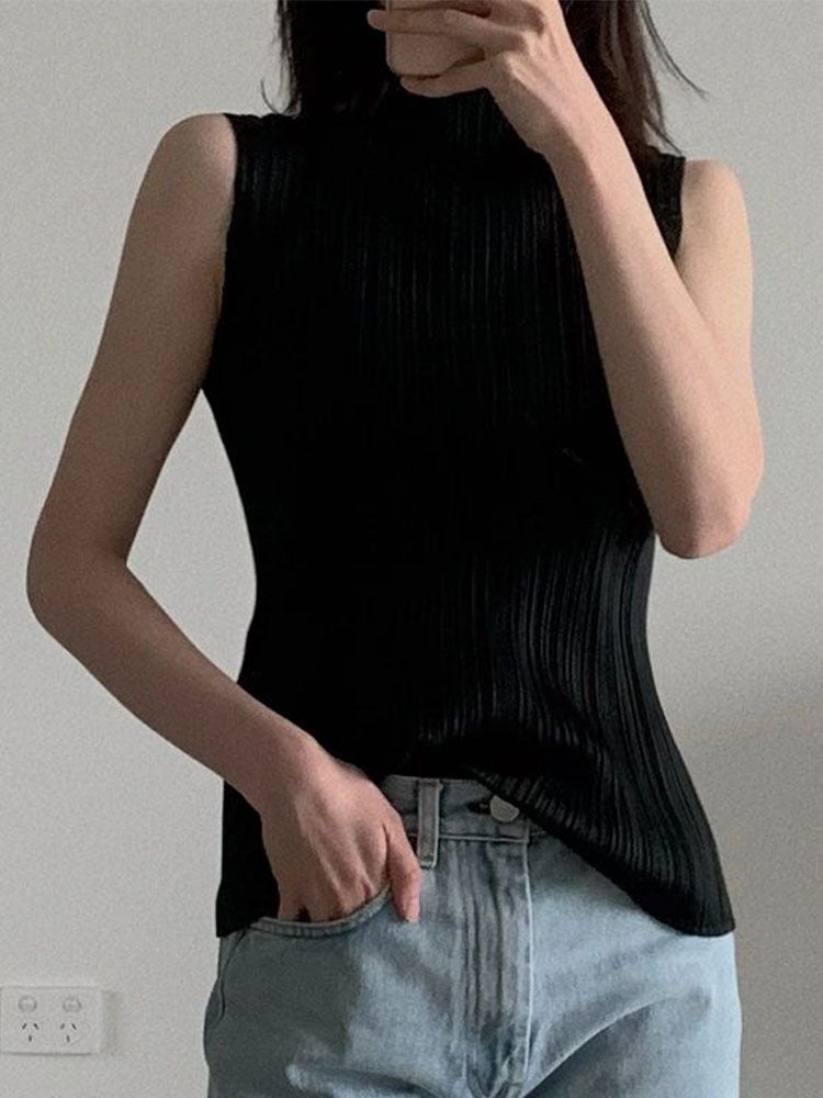 Miyake Pleated Elegant Fashion Temperament Solid Color Half High Neck Sleeveless Women's Vest 2026 Summer New Breathable Top