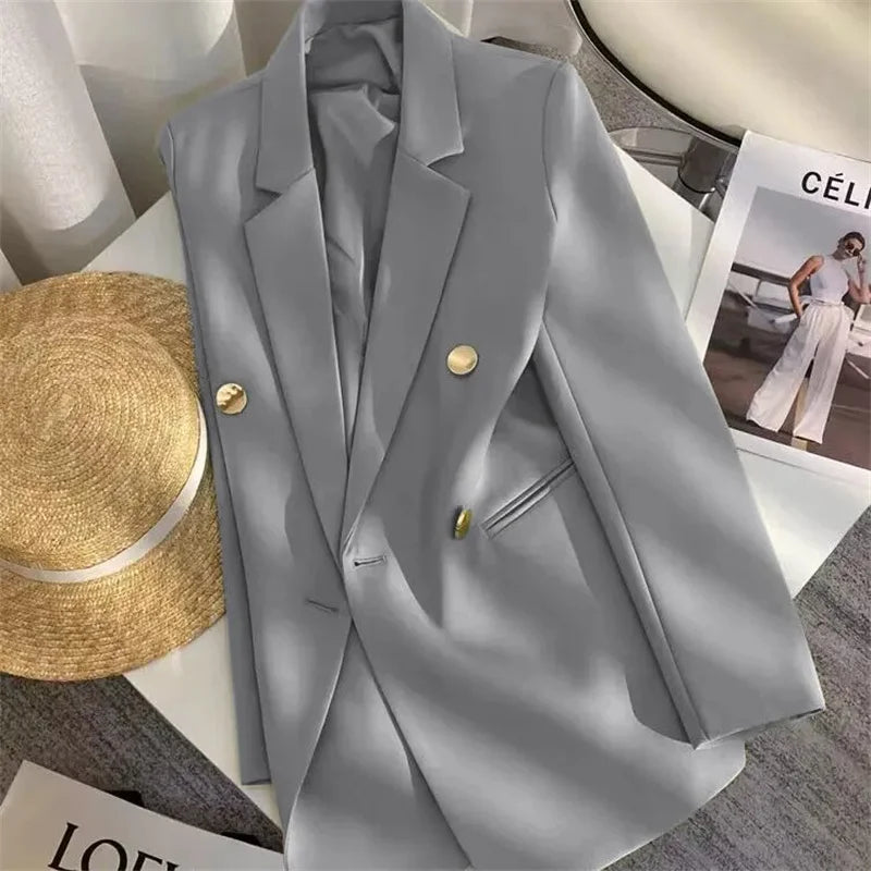 Women's Elegant Metal Buckle White Suit Jacket Casual Office Lady Blazer High-end Feel Western-style Clothes Spring Autumn 2025