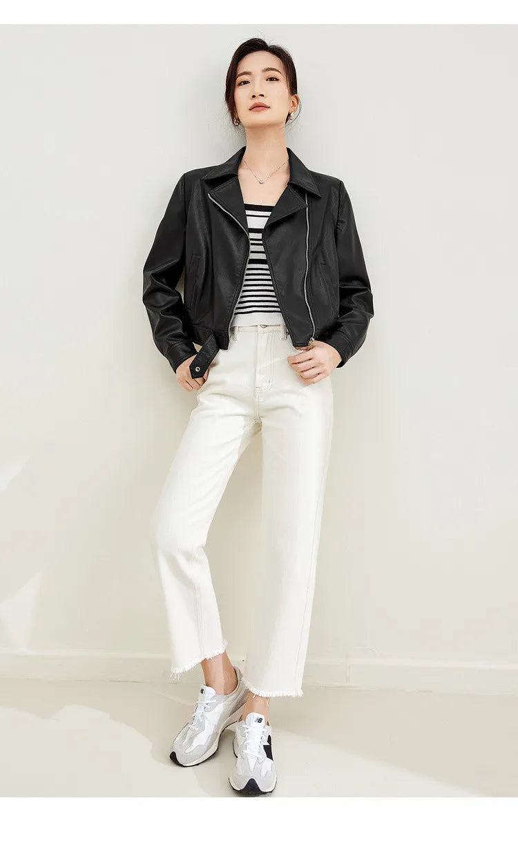 SENTUBILA Cropped Pu Leather Bomber Jacket Women 2026 Autumn Winter Vintage Lapel Zip Up Faux Leather Jacket Motorcycle Coats