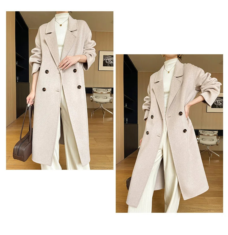 Notch Lapel Wool Coat Drop-Shoulder Women 100% Wool Loose Overcoat Double-Layers Autumn Winter Long Jacket Thick Trench Coat #24