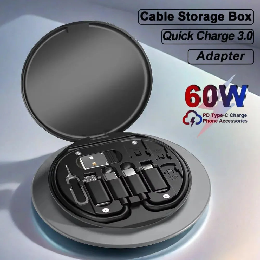 Portable Multifunctional Data Cable Storage Box, 60W Fast Charging Mobile Phone Holder, Charging Cable Set, Multi Head Conversio