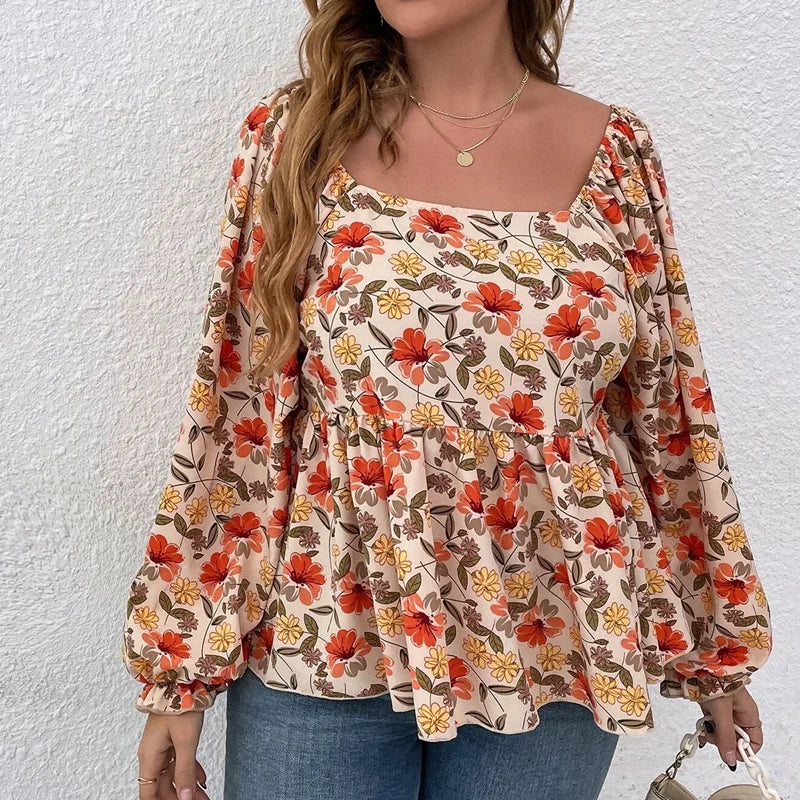 Plus Size Floral Print Square Neck Summer Spring Elegant Peplum Blouse Women Lantern Sleeve Casual Blouse Female Large Size 6XL