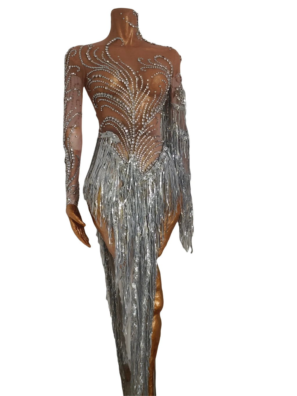 Silver Rhinestone Pearl Fringe Long Dress Birthday Celebrate Transparent Dresses Women Dancer Ballroom Dresses Competition