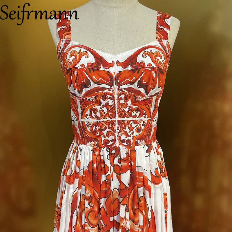 Seifrmann Summer Women's clothing New Fashionable Suspenders Cotton Printed Waist cinching Long Dress