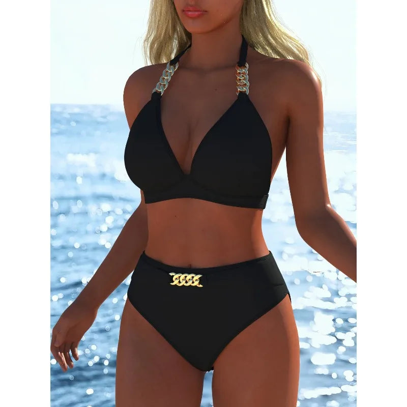 Women Black Metal Chain Halter Bikini Set 2026 New Triangle High Waist Bikini Two Piece Swimwear Summer Beach Split Bathing Suit