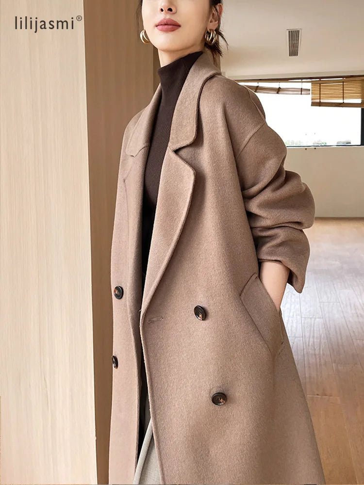 Notch Lapel Wool Coat Drop-Shoulder Women 100% Wool Loose Overcoat Double-Layers Autumn Winter Long Jacket Thick Trench Coat #24